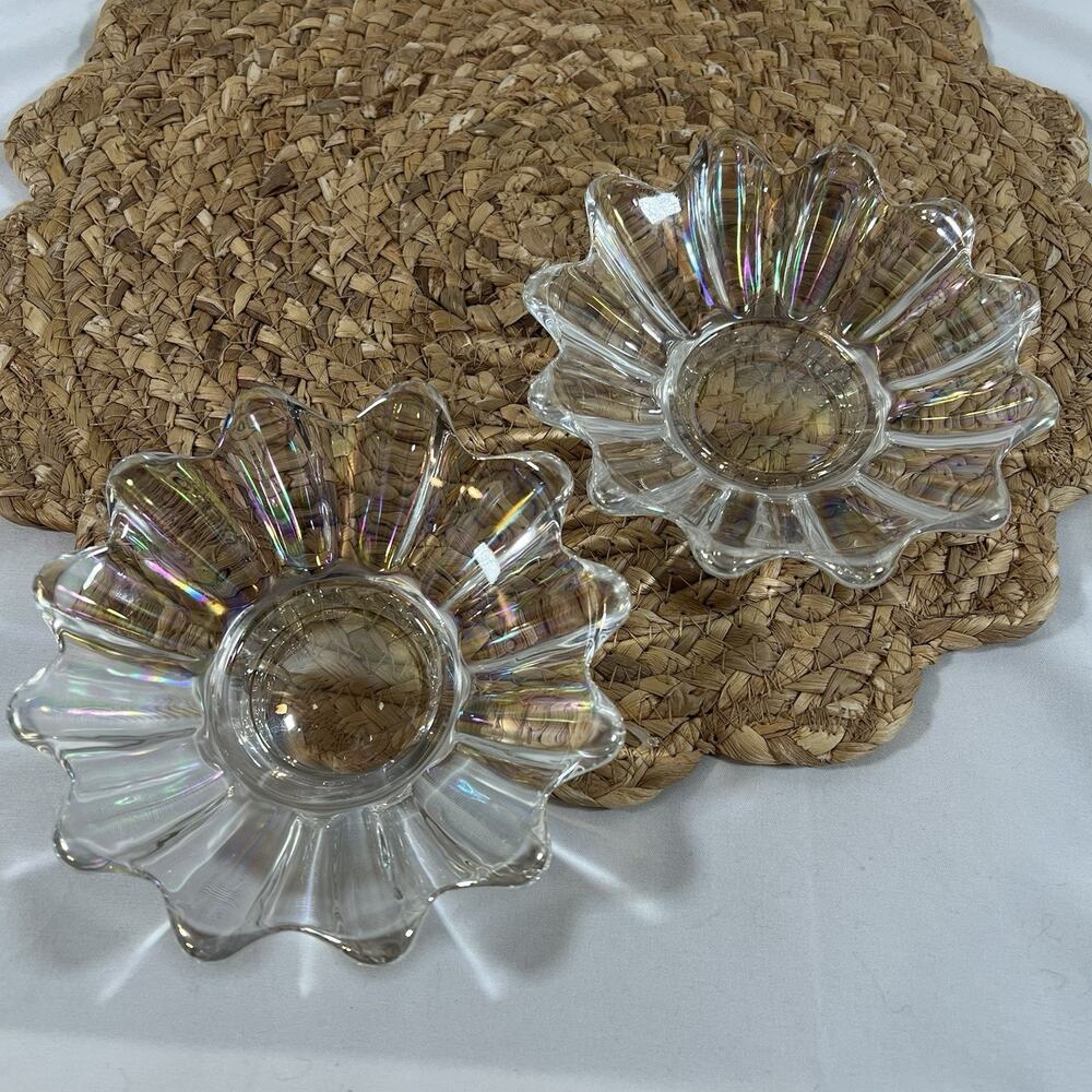 Federal Carnival Glass Iridescent Rainbow Clear Ruffled Flower Petal Dish Bowl 2